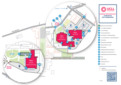 Plan met uitvergroting van de UCLL campusgebouwen
