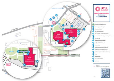 Plan met uitvergroting van de UCLL campusgebouwen